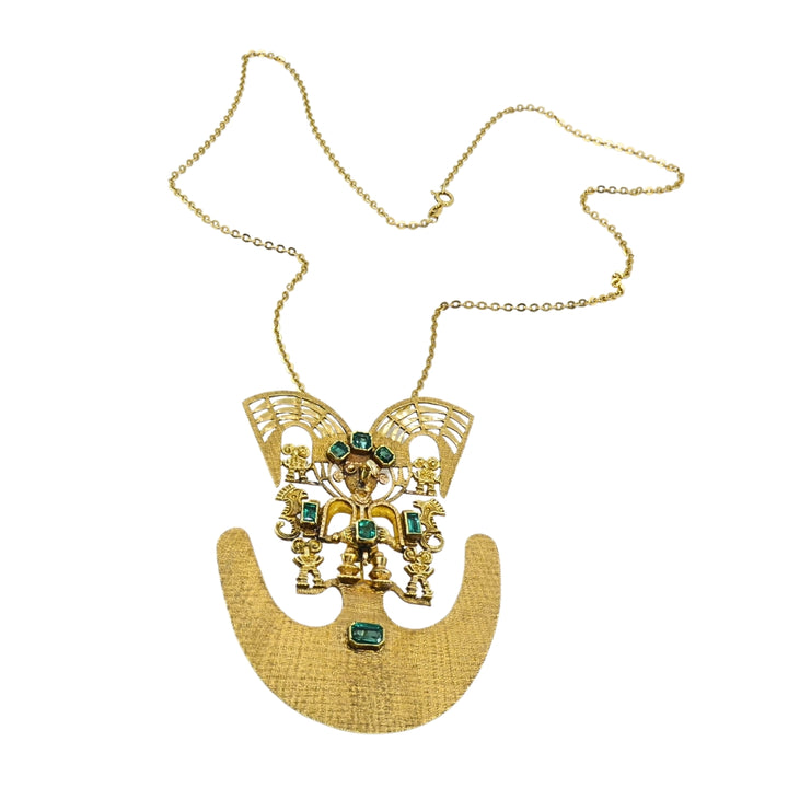 Vintage Pre‑Columbian Revival 18k Gold Emerald Tairona Style Pendant‑Brooch