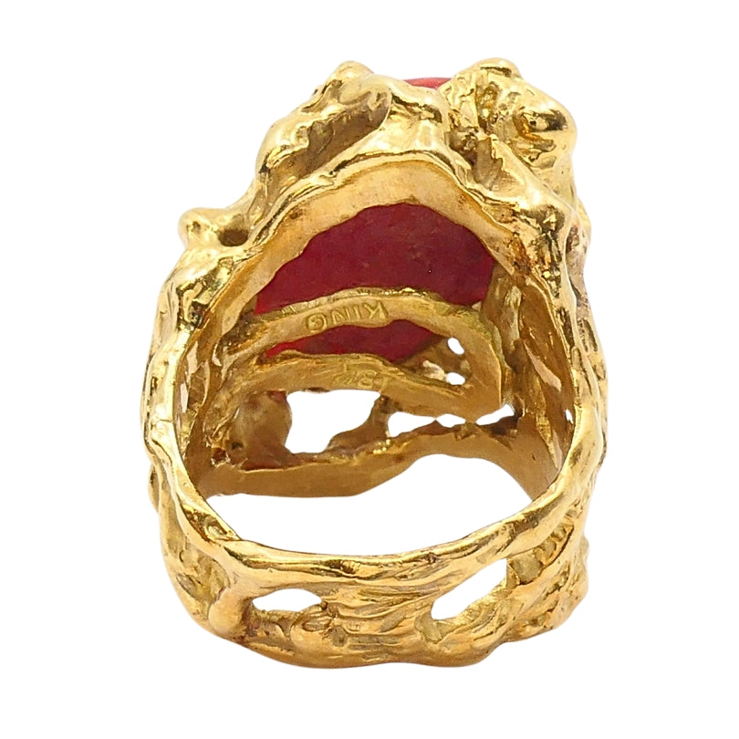 Arthur King 18k Gold Brutalist  Coral Cabochon Cocktail Ring