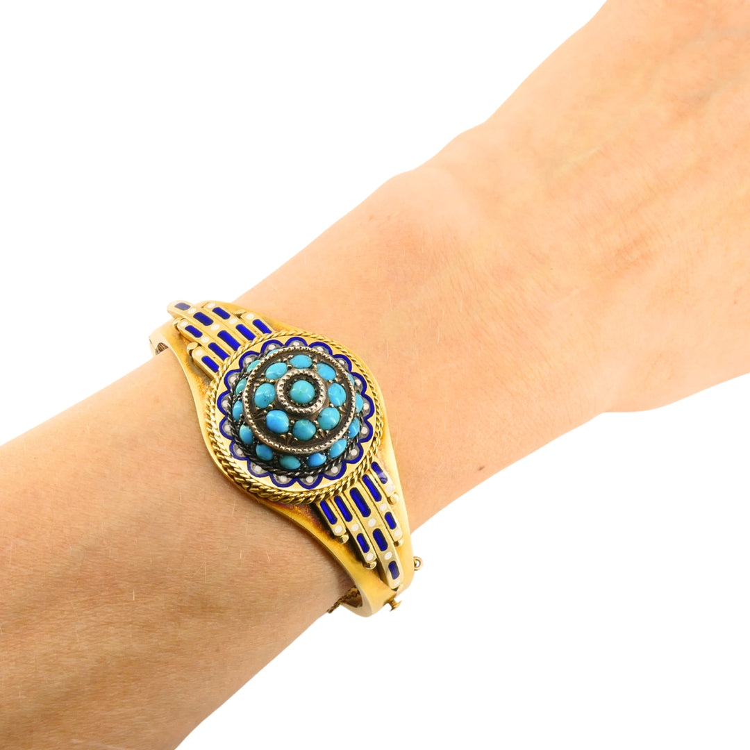 Vintage Turquoise Bracelet Enamel Bangle 14k Gold Silver Accents