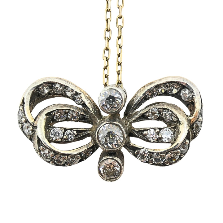 10k Gold Necklace Diamond Bow Pendant Edwardian Style