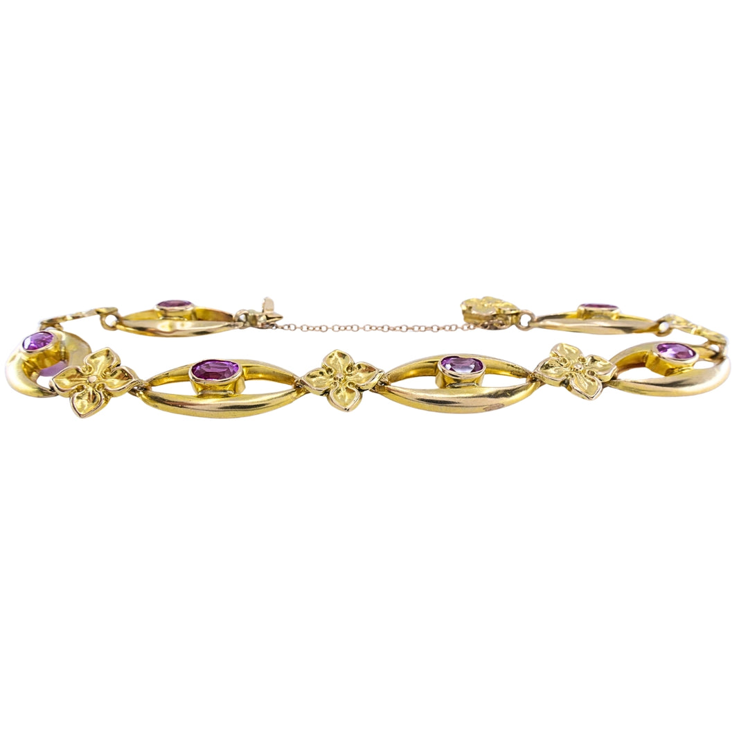 British 9k Yellow Gold Pink Sapphire Link Bracelet