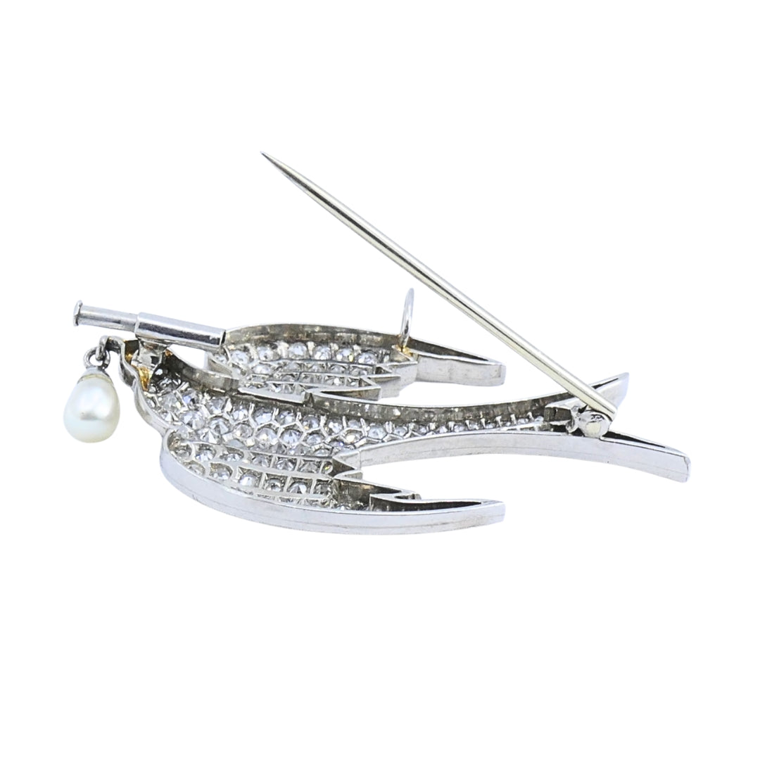 Diamond Pendant Bird Pin with Pearl Drop