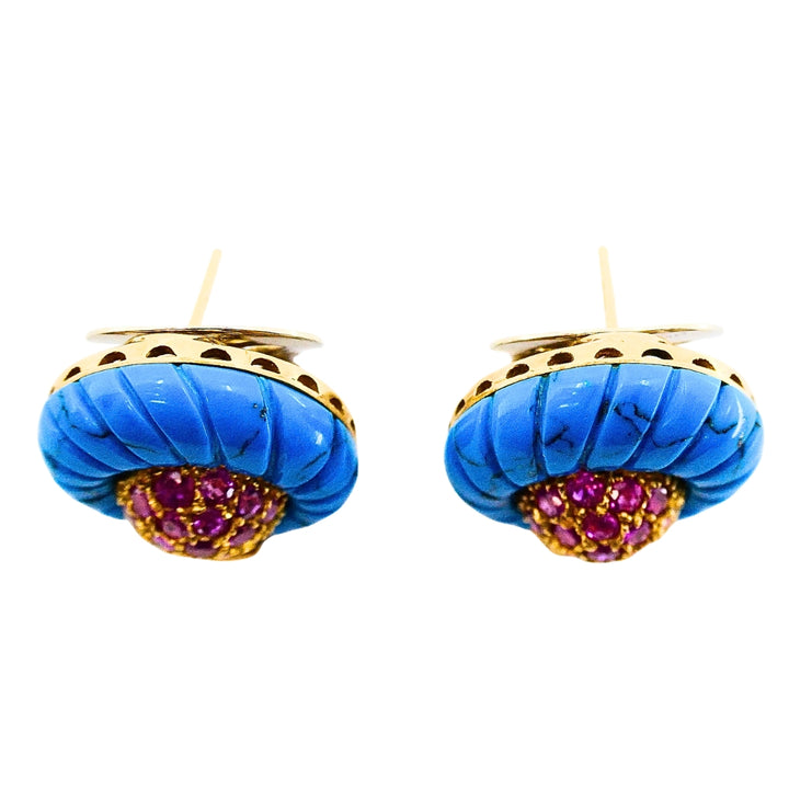 Vintage Carved Turquoise 18k Gold Ruby Stud Earrings