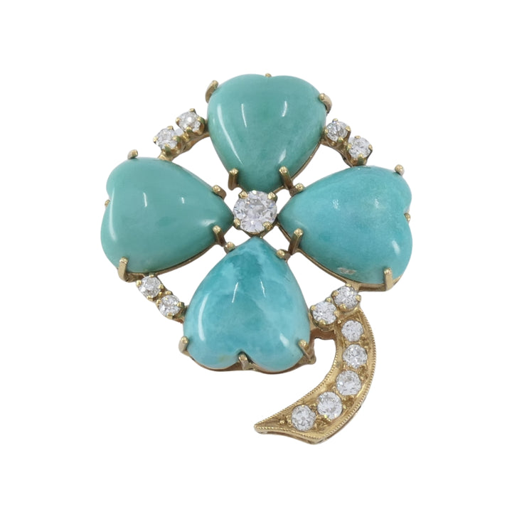 Vintage 14k Gold Turquoise Heart Clover Pendant with Diamonds
