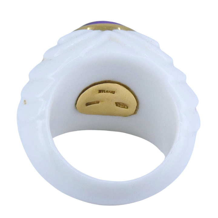 BVLGARI Bulgari Chandra Ring 18k Gold Amethyst Porcelain 1990s Ring Size 4