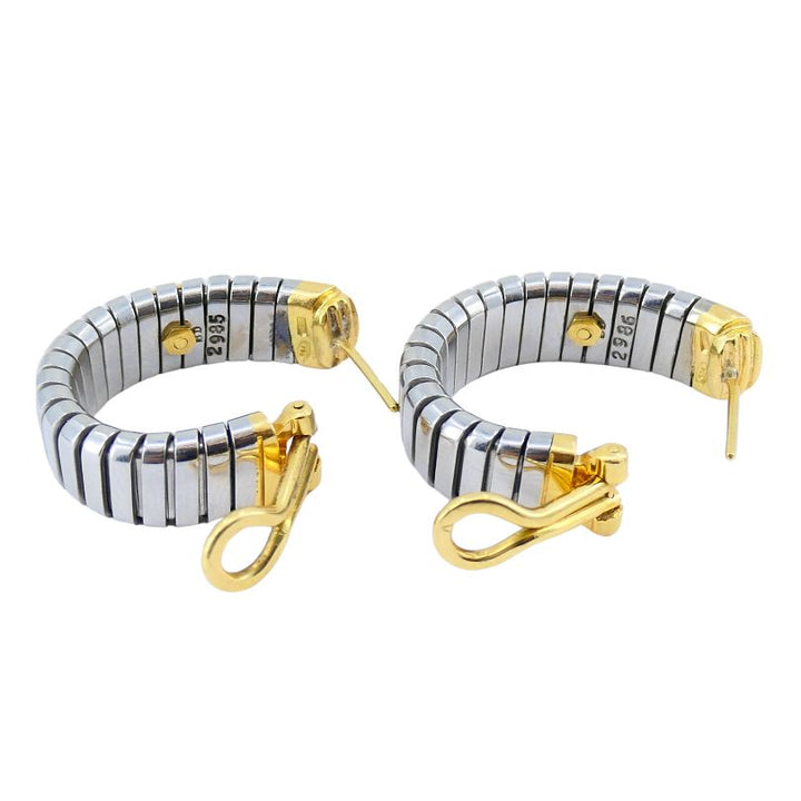 Vintage Bulgari 18k Gold Stainless Steel Tubogas Hoop Earrings