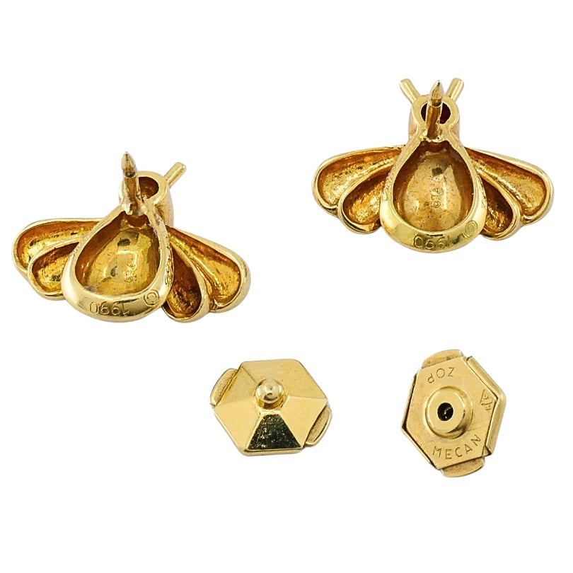 Cartier 18k Gold Bee Stud Earrings Ruby Diamond Accents