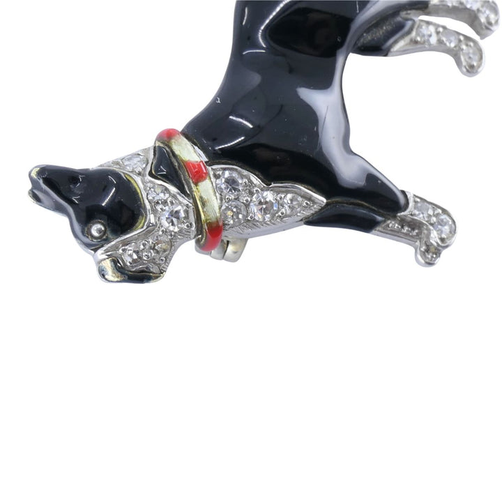 Art Deco Platinum Onyx Diamond Enamel French Bulldog Brooch, Circa 1920s–1930s
