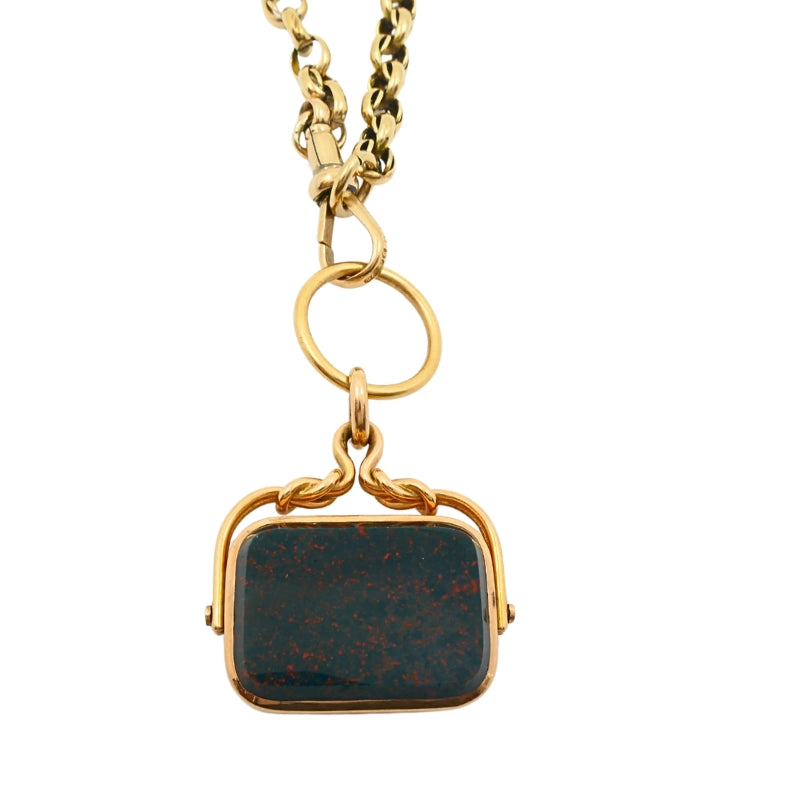 Antique 9k Gold Albert Chain Necklace Bloodstone Agate Pendant