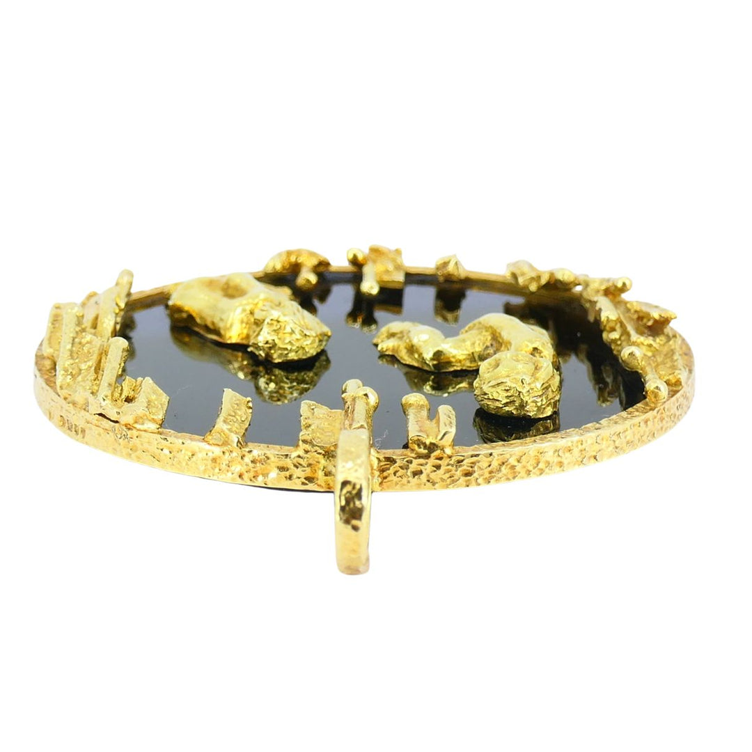 Vintage Kutchinsky 18k Gold Onyx Gemini Zodiac Pendant, Original Box