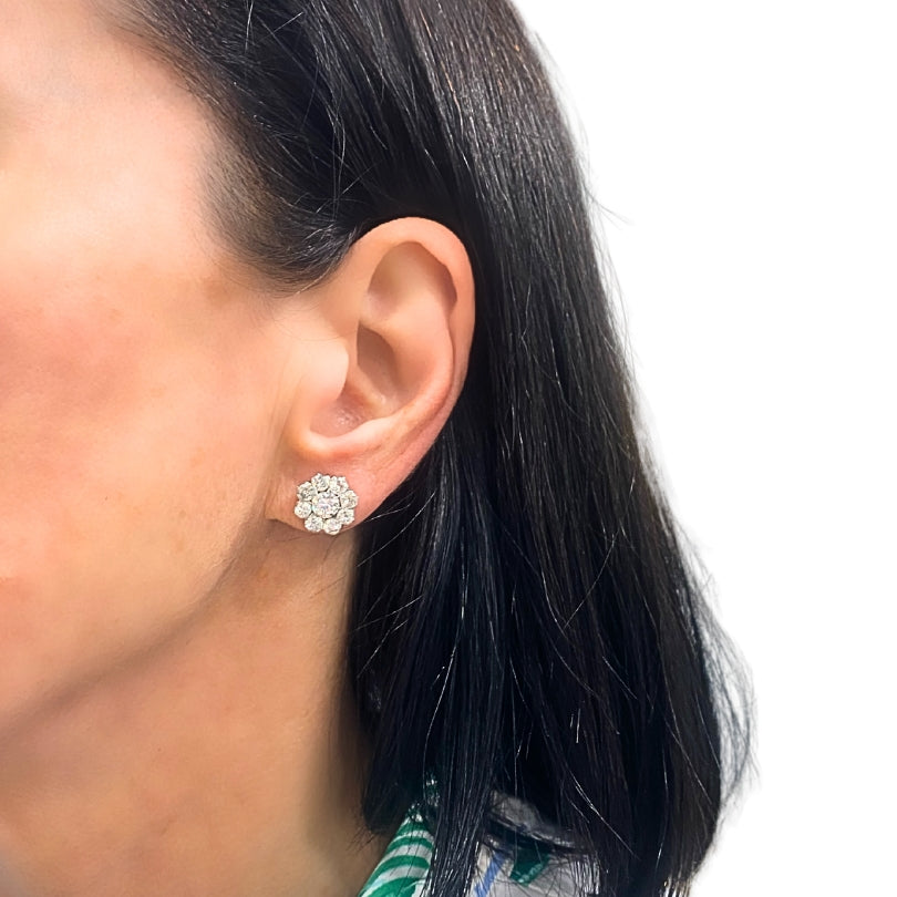 Vintage 14k White Gold Diamond Cluster Stud Earrings Round Cut