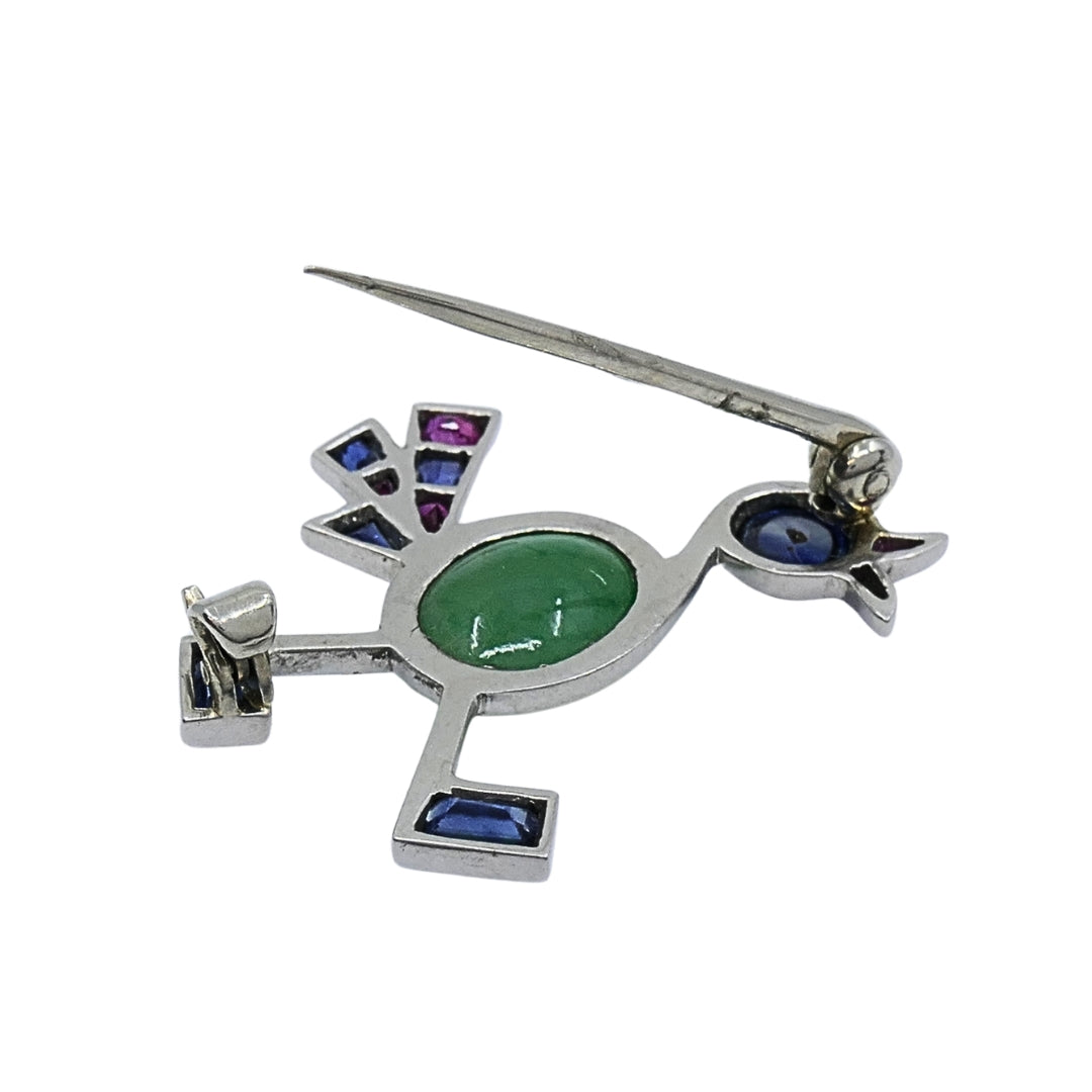 Vintage Modernist 14k White Gold Multigemstone Bird Brooch