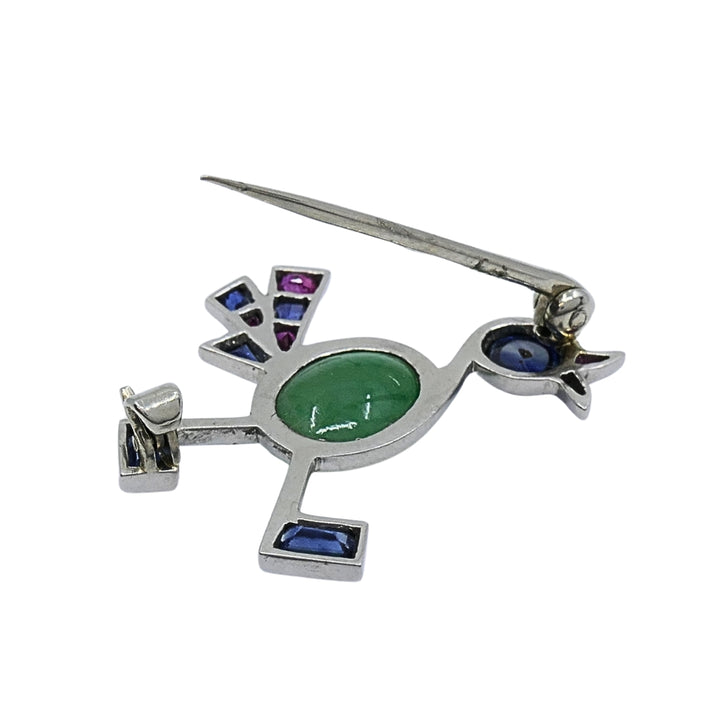 Vintage Modernist 14k White Gold Multigemstone Bird Brooch