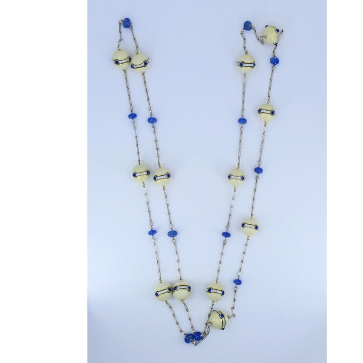 Art Deco Revival Platinum Chain Necklace Diamond Sapphire Enamel Beads