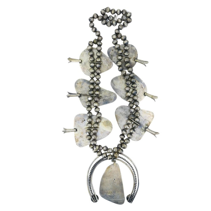 Signed Navajo Native Indian Sterling Silver Turquoise Squash Blossom Necklace
