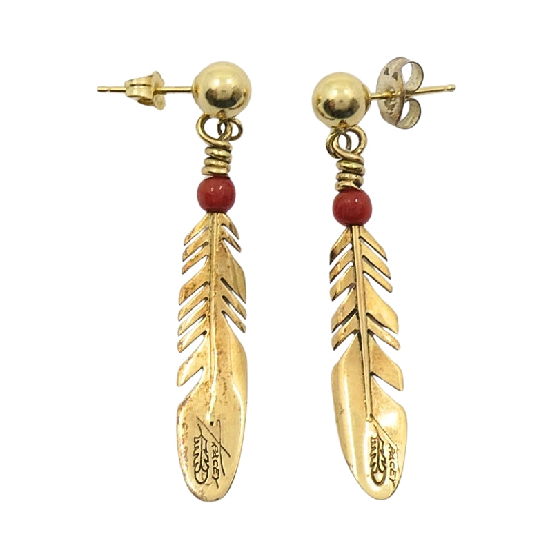 Ray Tracey 14k Gold Navajo Feather Drop Earrings Coral Beads