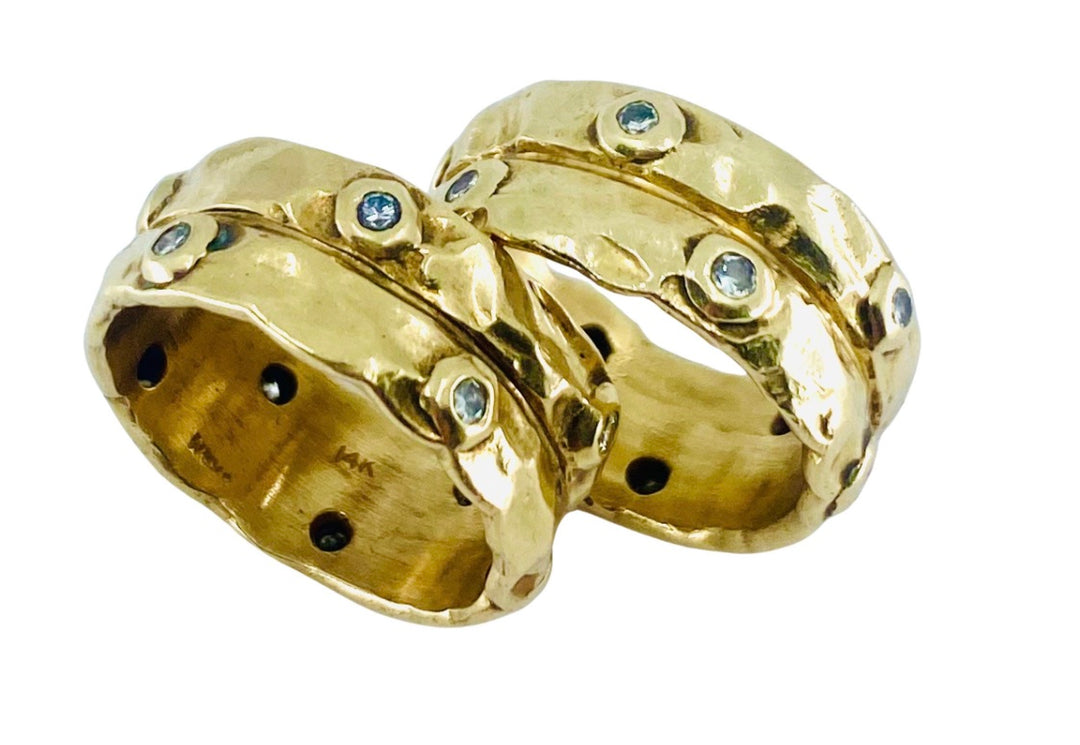 A Set of Two Hammered Gold Rings 14k Diamond