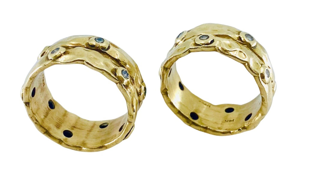 A Set of Two Hammered Gold Rings 14k Diamond