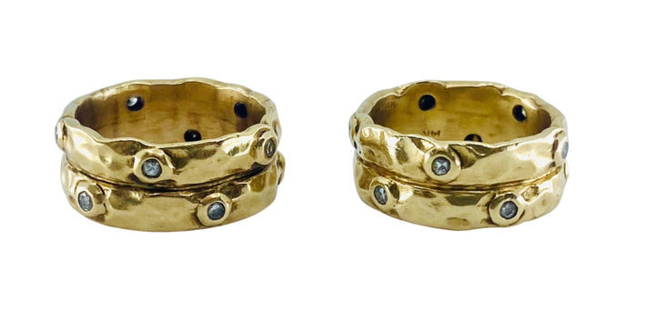 A Set of Two Hammered Gold Rings 14k Diamond