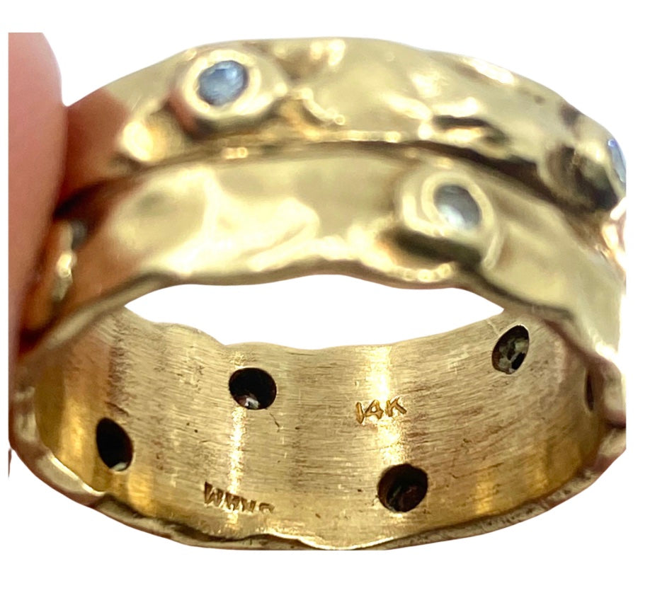 A Set of Two Hammered Gold Rings 14k Diamond