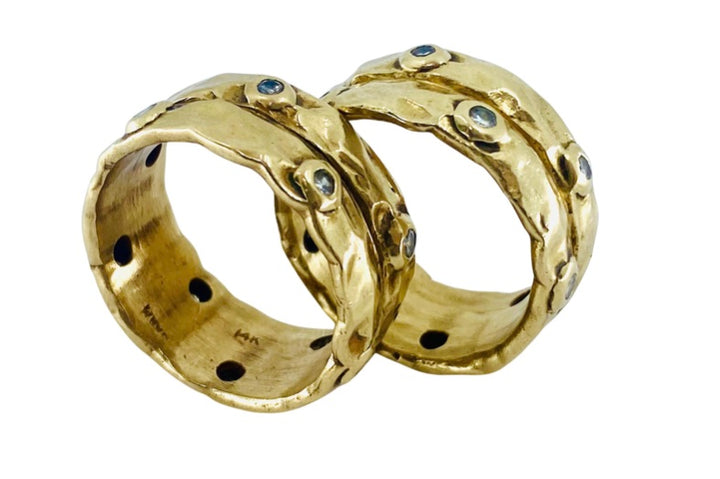 A Set of Two Hammered Gold Rings 14k Diamond