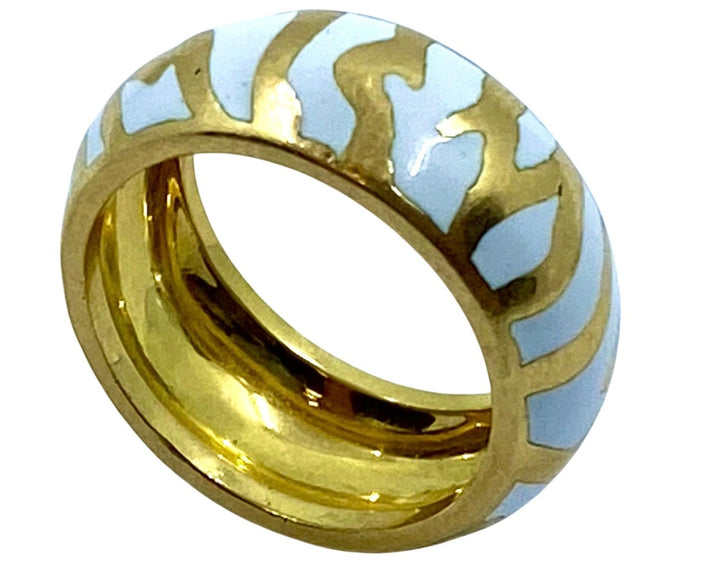 Andrew Clunn Gold Ring White Enamel Zebra Pattern