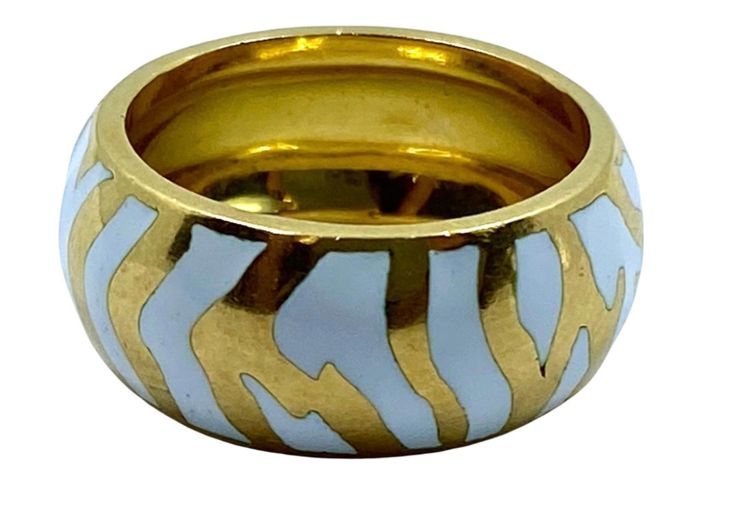 Andrew Clunn Gold Ring White Enamel Zebra Pattern