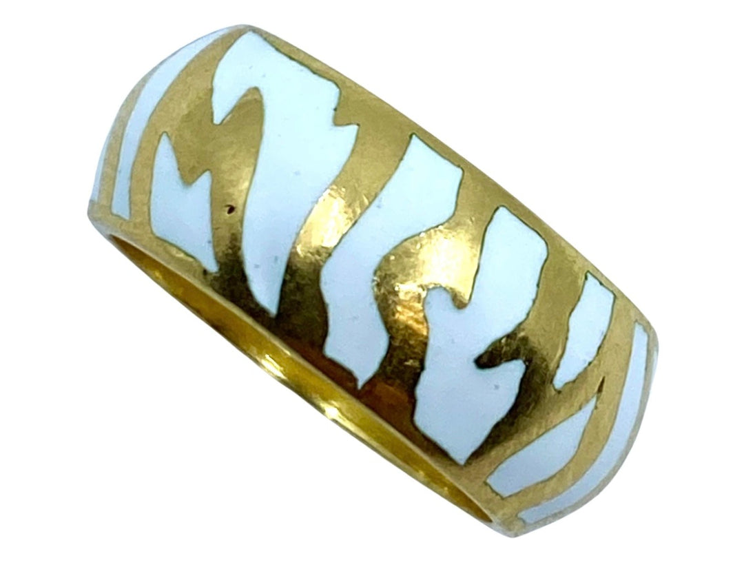 Andrew Clunn Gold Ring White Enamel Zebra Pattern