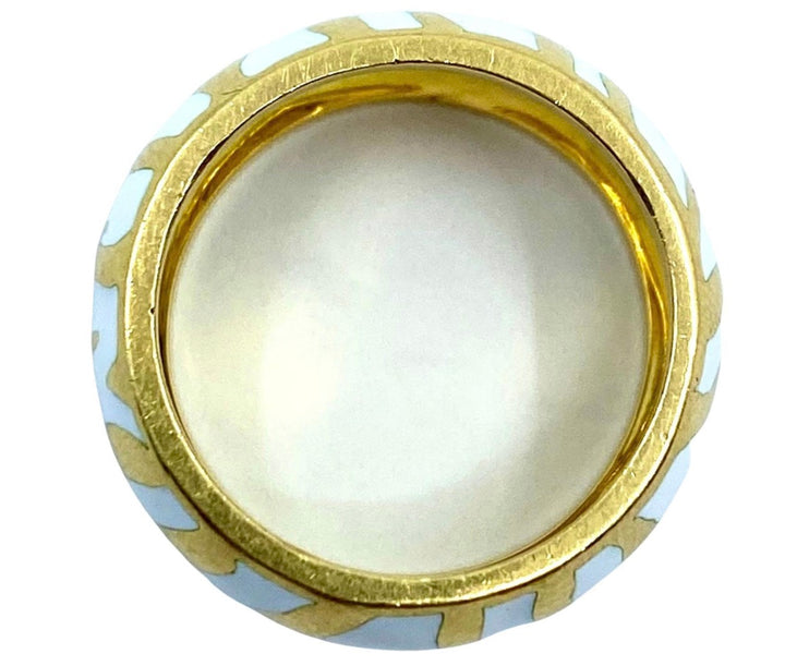 Andrew Clunn Gold Ring White Enamel Zebra Pattern