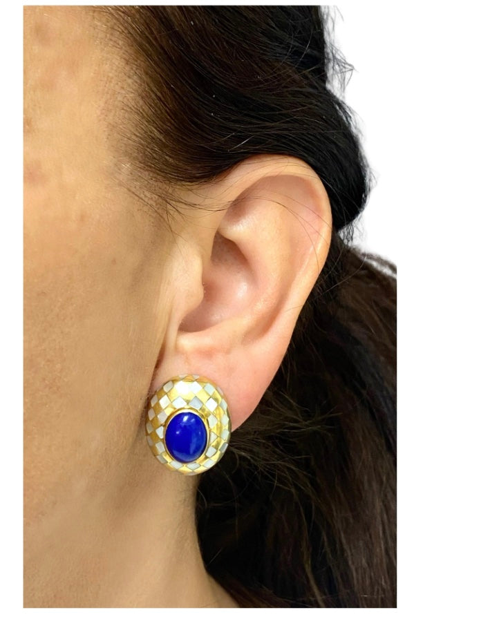 Angela Cummings Earrings Inlaid 18k Gold Lapis Pearl