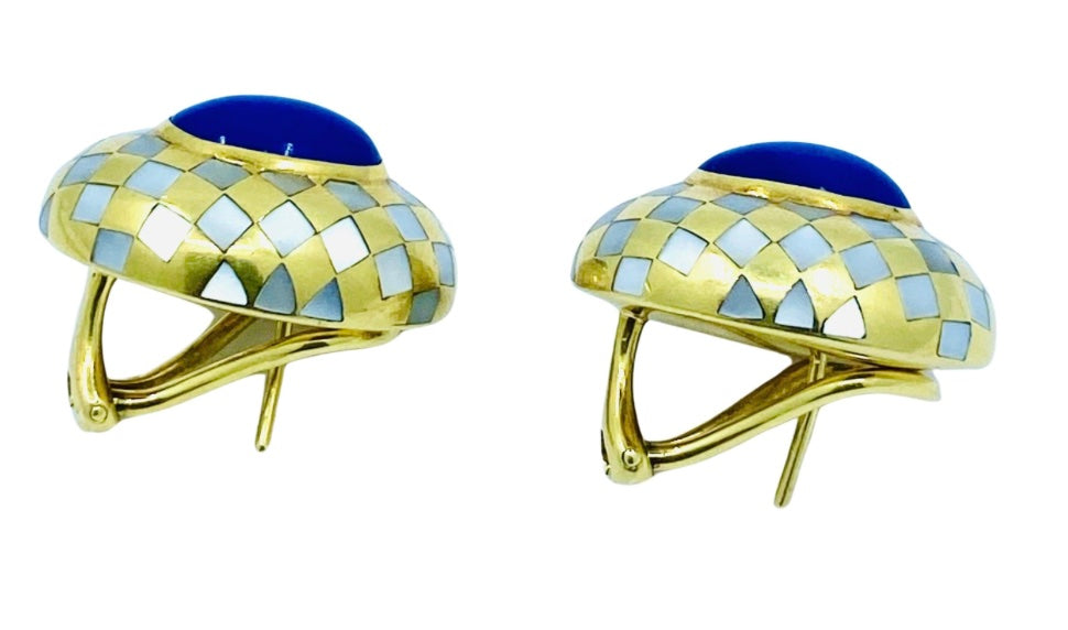 Angela Cummings Earrings Inlaid 18k Gold Lapis Pearl