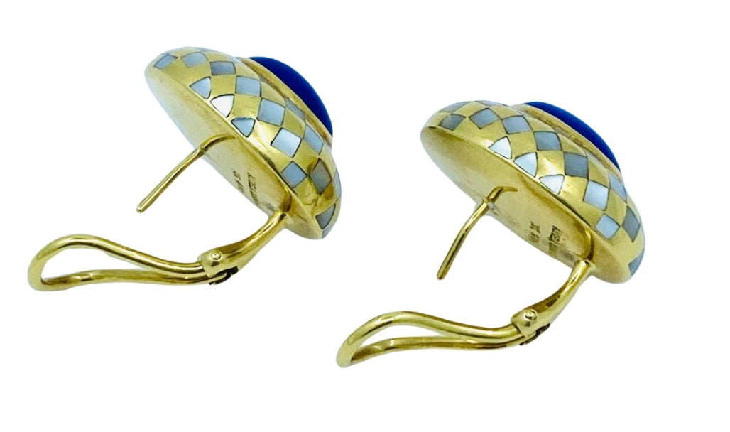 Angela Cummings Earrings Inlaid 18k Gold Lapis Pearl