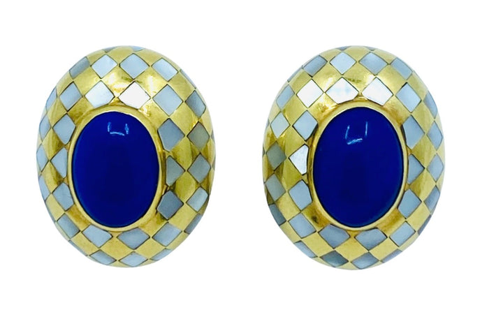 Angela Cummings Earrings Inlaid 18k Gold Lapis Pearl