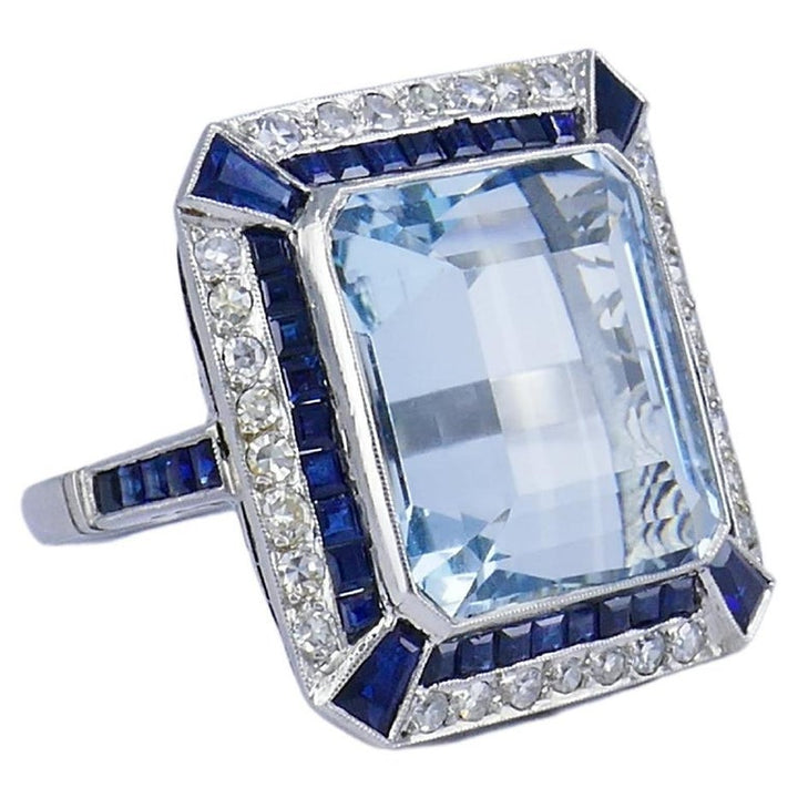 Art Deco Platinum Ring Aquamarine Sapphire Diamond Antique