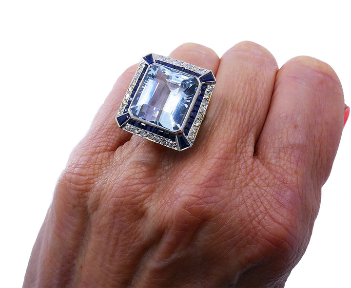 Art Deco Platinum Ring Aquamarine Sapphire Diamond Antique