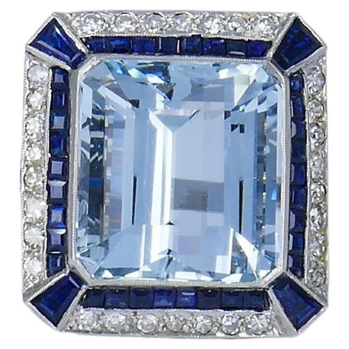 Art Deco Platinum Ring Aquamarine Sapphire Diamond Antique