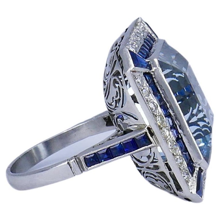 Art Deco Platinum Ring Aquamarine Sapphire Diamond Antique