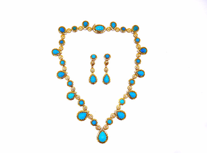 1970s Yellow Gold Turquoise Necklace Earrings Set