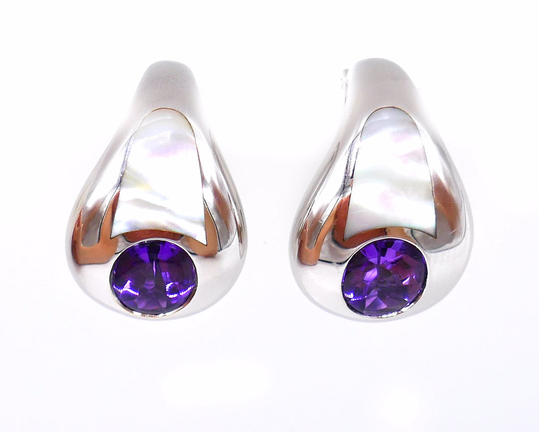 Mauboussin Vintage White Gold Amethyst Mother of Pearl Earrings