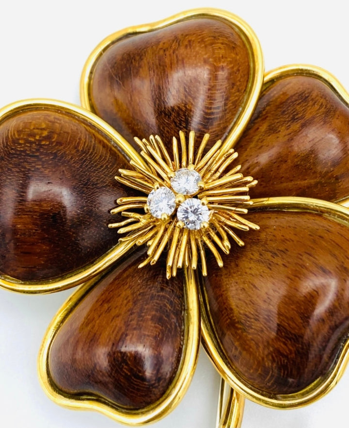 Van Cleef and Arpels Clematis Yellow Gold, Wood and Diamond Flower Clip Brooch