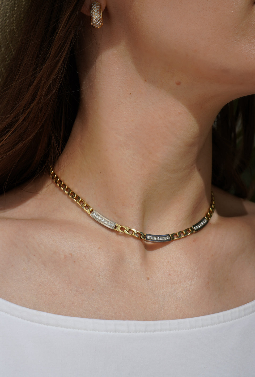 Vintage Cartier 18k Two Tone Gold Diamond Station Curb Link Necklace