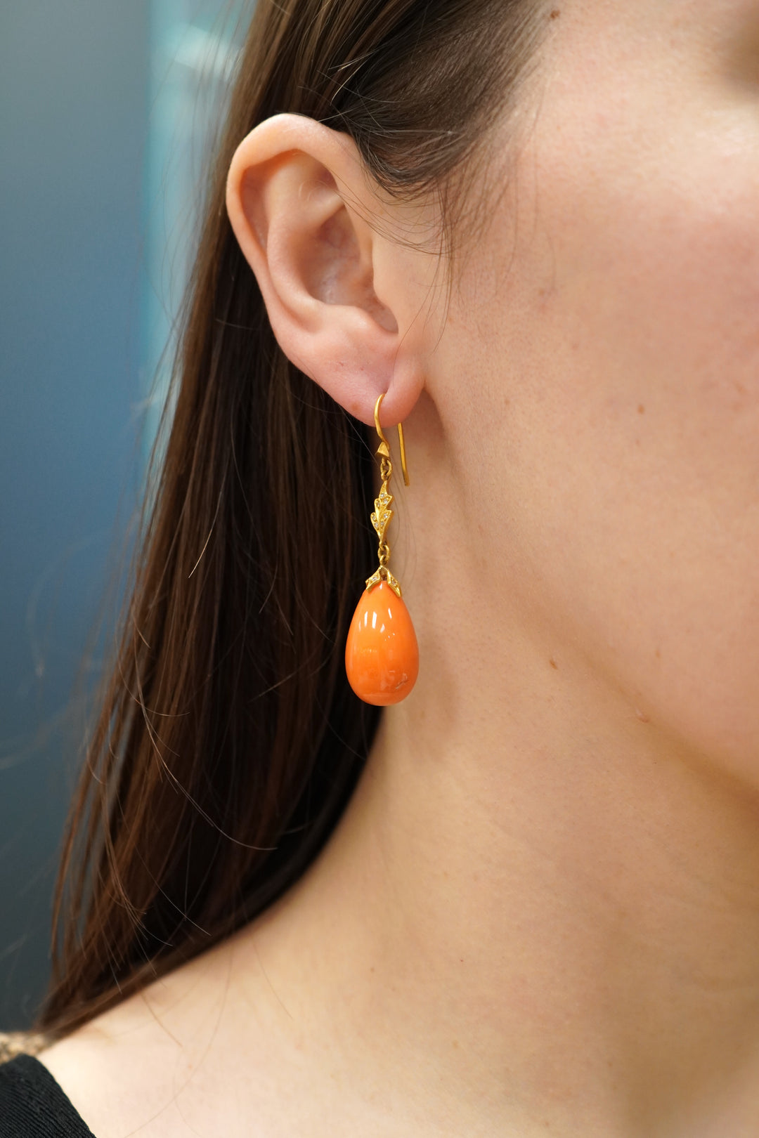 Cathy Waterman Drop Earrings 22k Gold Diamond Coral