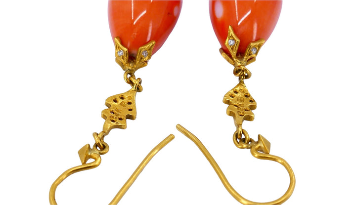 Cathy Waterman Drop Earrings 22k Gold Diamond Coral