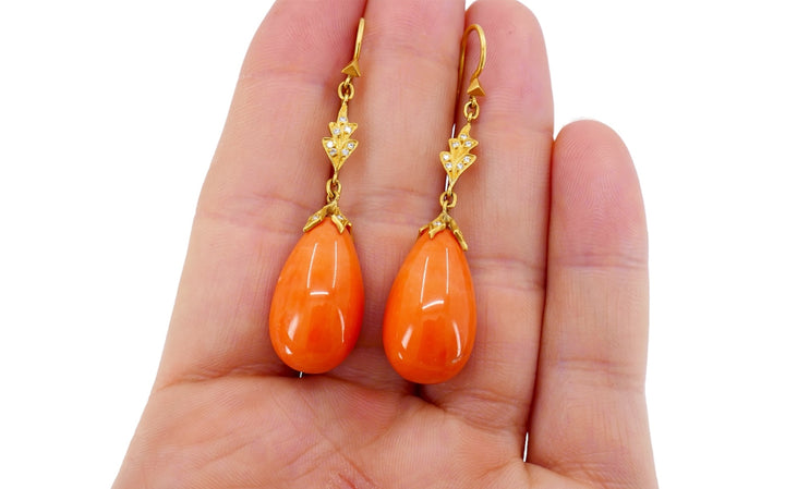 Cathy Waterman Drop Earrings 22k Gold Diamond Coral