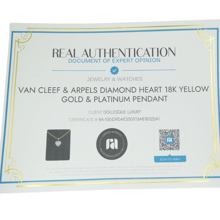 Van Cleef & Arpels Diamond Heart Pendant Necklace Gold Platinum Certificate of Authenticity
