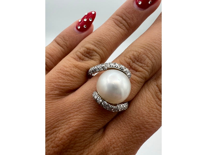 Mikimoto Pearl Gold Cocktail Ring, Diamond 18k White Gold