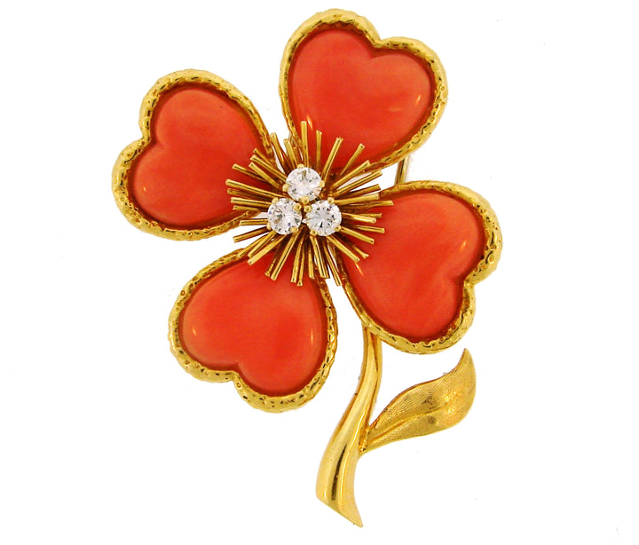 Van Cleef & Arpels Coral Clover Clip Pin Brooch in Gold and Diamonds