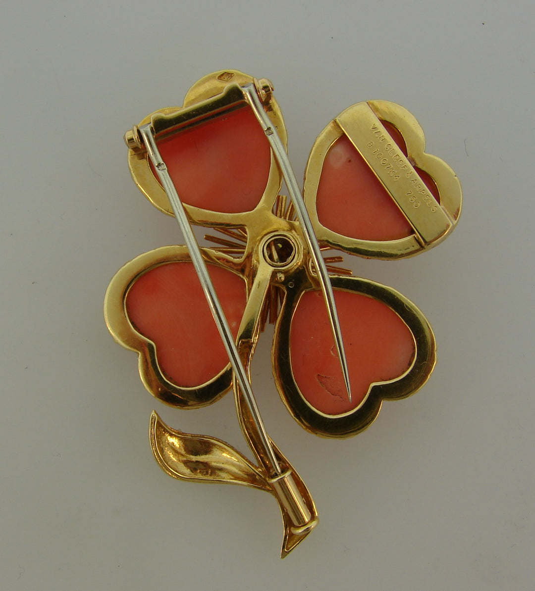 Van Cleef & Arpels Coral Clover Clip Pin Brooch in Gold and Diamonds