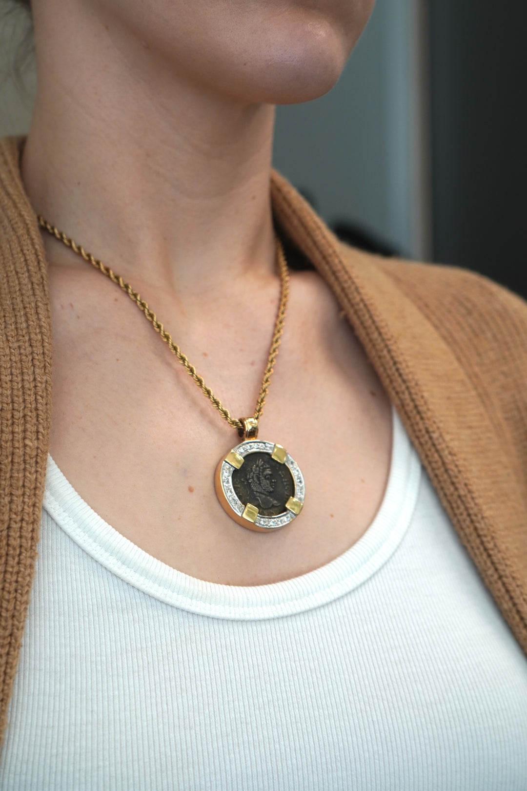 Vintage 14k Gold Diamond Ancient Coin Pendant Necklace