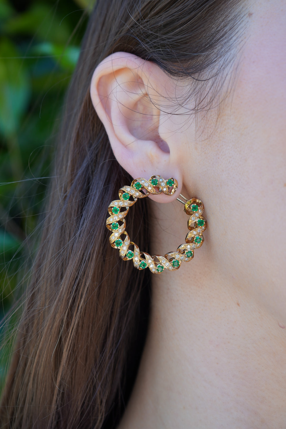 Vintage Asprey & Co. 18k Gold Diamond Emerald Circular Earrings